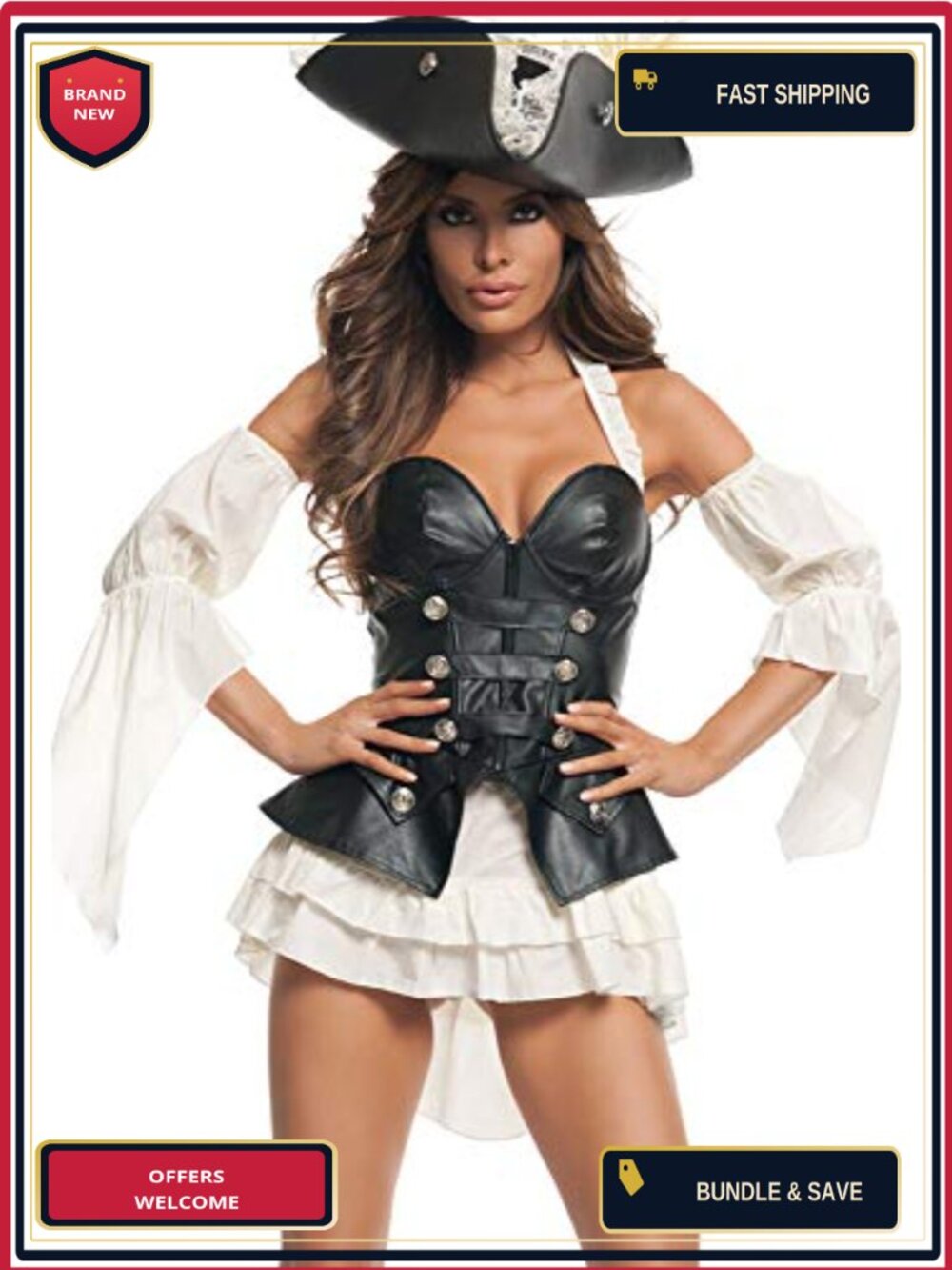 Womens Black Pearl Pirate Costume Set Layered Skirt Corset Top Arm Sleeves